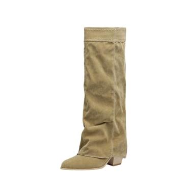 Imagem de Botas femininas modernas de cano alto material de camurça estilo ocidental outono inverno na moda salto grosso bico fino botas 7 cm salto, Bege, 38