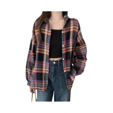 Imagem de Camisa Jaqueta Oversized De Tartan Para Mulheres, Manga Longa, Botão F