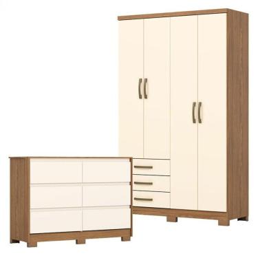 Imagem de Guarda Roupa Solteiro Caju 4 Portas E Cômoda Ravenna Nature Off White - Henn