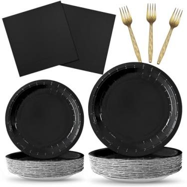 Imagem de ZVK Conjunto de pratos de papel preto, 200 peças, pratos de sobremesa de festa, pratos de jantar, guardanapos com garfos descartáveis