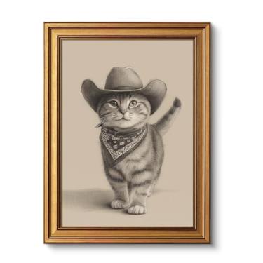 Imagem de VIYYIEA Arte de parede em tela emoldurada dourada, gato caubói