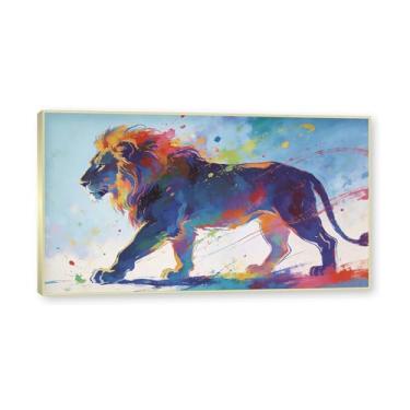 Imagem de NHLDZYH Moldura dourada. Pintura salpicada de leão em tela Arte abstrata de animais Mural vívido Chamador de olhos para sala de estar Decoração moderna para casa. A124. 70 x 125 cm.