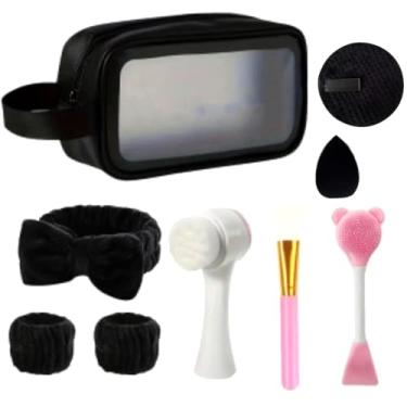 Imagem de 9 peças de bolsa de maquiagem + conjunto de cuidados faciais de limpeza profunda com escova esfoliante de silicone amigável e faixa de cabeça de spa anti-derramamento, adequado para casa/viagem