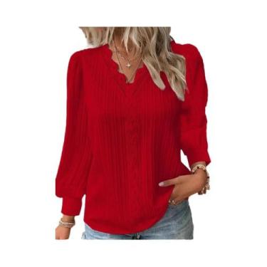 Imagem de Blusa Feminina Elegante De Chiffon Com Decote Em V, Manga Longa E Deta