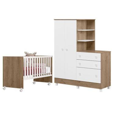 Imagem de Berço Nacional 3540 e Guarda Roupa com Cômoda 4070 Doce Sonho Carvalho Rústico TOQ Branco com Pés - Qmovi