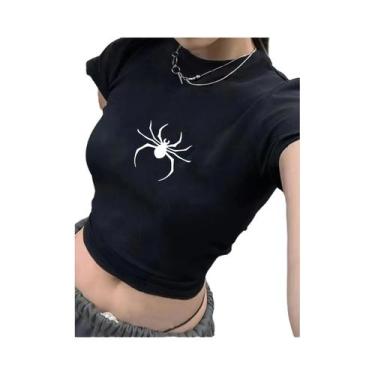 Imagem de Camiseta Cropped Feminina Com Estampa De Aranha, Gola Redonda, Manga C