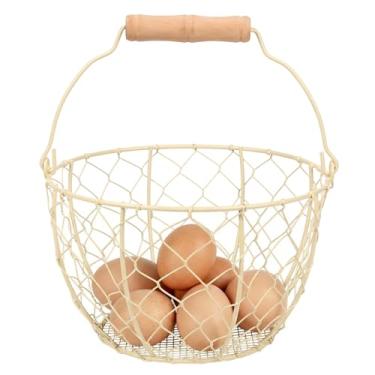 Imagem de Cesta de ovos com alça, cesta de arame para coletar ovos frescos, cesta redonda de coleta de ovos para fazenda, estilo vintage, cesta de ovos de galinha e pato (branca)
