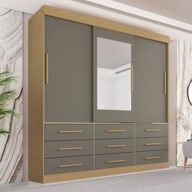 Imagem de Guarda-roupa Casal 3 Portas 9 Gavetas com Espelho Luana Jequitibá/Granizo