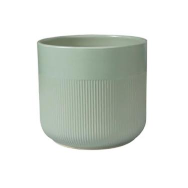 Imagem de KEG801302 Vaso de flores de cerâmica redondo fosco com listras recipiente para vaso de mesa com orifícios de drenagem, vaso de plantas verde para sala de estar e jardim