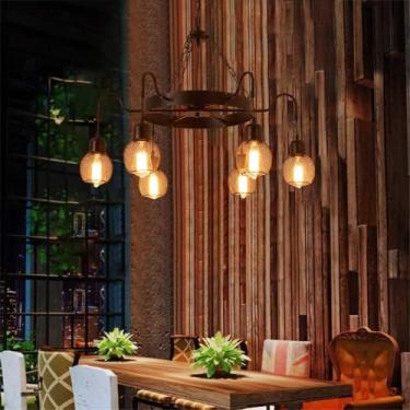 Imagem de Lustre retrô para sala de jantar E27, luminária pendente grande em formato de roda de carroça com 8 lâmpadas, estilo fazenda, em ferro, com design antigo e redondo, ideal para tetos rústicos