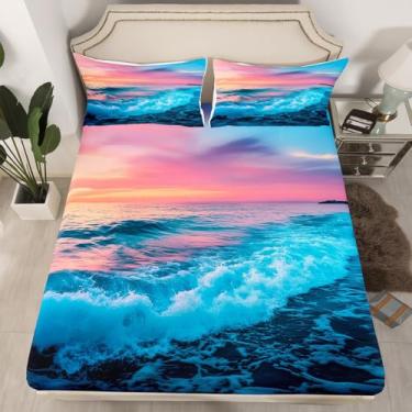 Imagem de Feelyou Jogo de lençol solteiro com tema de praia, havaiano, oceano, estampa de natureza do mar, para crianças, meninos, meninas, verão, férias, férias, lençol com elástico alto