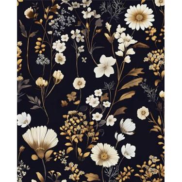 Imagem de Papel de parede floral vintage preto dourado flor contato vinil autoadesivo removível decoração retrô escuro papel de parede para paredes de quarto gavetas 44,5 cm x 998,2 cm
