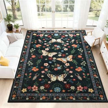 Imagem de FALARK Tapetes de área de 15 x 23 cm para sala de estar, estampa floral de borboleta, tapete lavável à máquina, tapete antiderrapante para quarto, jantar, escritório, sala de jogos, decoração de casa
