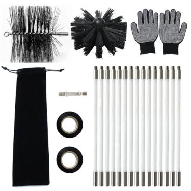 Imagem de Escova de limpeza de chaminé de arame com encaixe de 5/40.6 cm e 15 hastes, escova de limpeza de chaminé de aço redonda de 15 cm, escova de nylon de 15 cm, hastes longas para duto de lareira ou outro