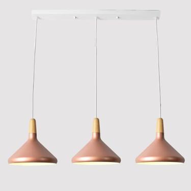 Imagem de Lustre nórdico linear moderno e colorido, luminária pendente para sala de jantar com 3 lâmpadas E27 e cúpula de metal, ideal para quarto, cozinha e ilha. Altura ajustável.