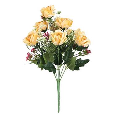 Imagem de Flores de rosas artificiais simulação falsa buquê de rosas de plástico para decoração de jardim doméstico peças centrais de mesa de festa de casamento branco rosa champanhe (champanhe)