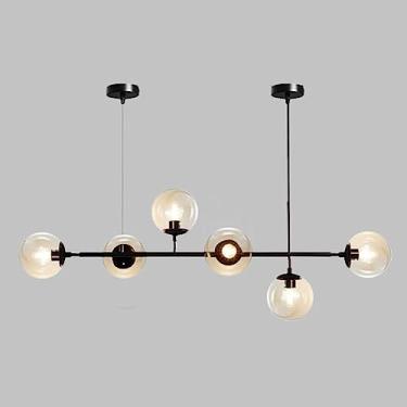 Imagem de Lustre linear moderno com 6 lâmpadas em formato de globo de vidro, estilo meados do século XX, luminária pendente retangular para ilha de cozinha, sala de jantar, restaurante e sala de estar