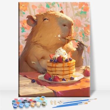 Imagem de HUINORYA Capivara comendo panquecas capivara tela emoldurada kit de pintura por números bar café caverna sala de casa parede banheiro varanda pátio decoração presente, 40,6 x 30,5 cm