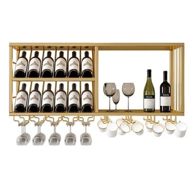 Imagem de Prateleira de vinho e bar de parede de 2 camadas - Suporte moderno de armazenamento de garrafa de licor para sala de jantar e bar doméstico - Exibição e organizador de vinho elegante para várias