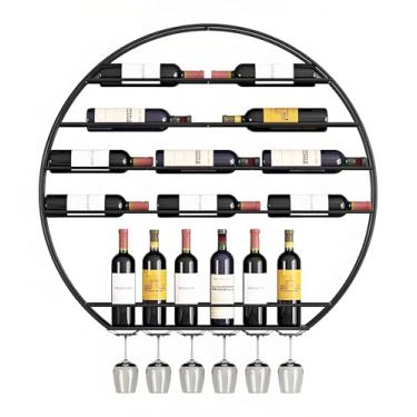 Imagem de Elegante rack de vinho redondo montado na parede - Prateleiras de bar de metal flutuante e exibição de garrafa de licor com suporte de taça de vinho, grande organizador de vinho de ferro para bar e