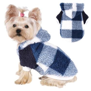 Imagem de Suéter de cachorro pequeno para cães, roupas de inverno, menino, menina, masculino, feminino, moletom quente de lã XXS, casaco para animais de estimação (xadrez azul, médio)