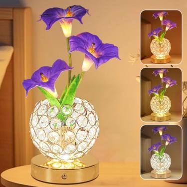Imagem de Abajur de mesa de flores, luz noturna de cristal de escurecimento contínuo de toque de 3 cores, luz de glória artificial recarregável, flor de LED com lâmpada de vaso decoração romântica para