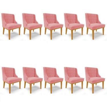 Imagem de Kit 10 Cadeiras Estofadas Para Sala De Jantar Base Fixa De Madeira Castanho Lia Suede Rosê - Ibiza