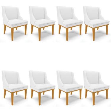 Imagem de Kit 8 Cadeiras Estofadas Sala De Jantar Base Fixa De Madeira Castanho Lia Sintético Branco - Ibiza