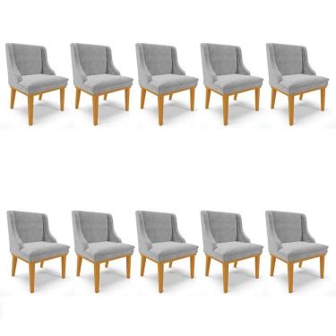 Imagem de Kit 10 Cadeiras Estofadas Para Sala De Jantar Base Fixa De Madeira Castanho Lia Suede Cinza - Ibiza