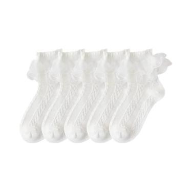 Imagem de Meias De Algodão Com Renda E Babados Para Meninas, 5 Pares, Respirávei