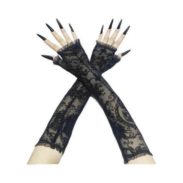 Imagem de Luvas Longas Pretas De Renda Com Estampa De Esqueleto Para Mulheres, E