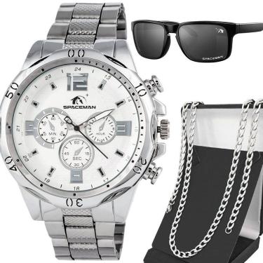 Imagem de Relógio Masculino Prata Aço Inoxidável + Cordão + Óculos Sol