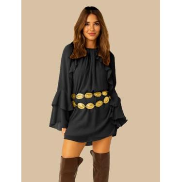 Imagem de Vestido Gola Alta Ombro á Mostra Duna Manga Longa Bufalo Soltinho Fres