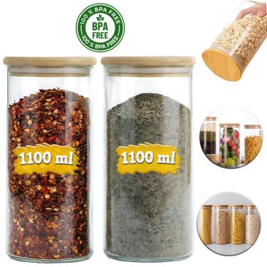 Imagem de Kit 2 Potes De Vidro Premium 1100ml Frasco Hermético Temperos Tampa De Bambu - Lehaví
