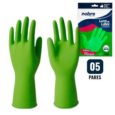 Imagem de Kit 5 Pares De Luvas Nobre Látex M P- Agentes Químicos Resistente E Segura Verde