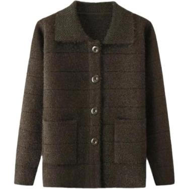 Imagem de Mulheres Malha Cardigan Suéter Meia-idade Idoso Suéter Cardigan Single-breasted Casacos De Lapela, Red Wine, XL