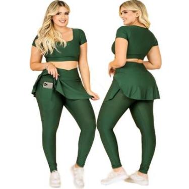 Imagem de Conjunto Fitness Calça Legging Saia Com Bolso E Top Cropped Academia Moda Evangélica Th...