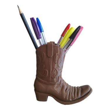 Imagem de Porta Caneta Bota Cowboy Trecos Lapis Botina Marrom 15 Cm Organizador 