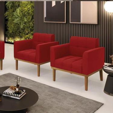 Imagem de Poltrona Sala Decorativa Kit 2 Elisa Base Madeira Castanho Veludo Mars