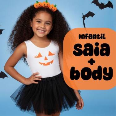 Imagem de Fantasia Menina Infantil Branca com Preto Abóbora Saia de Tule e Body 