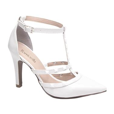 Imagem de Sapato Scarpin Feminino Branco Verniz Com Pérolas Salto Alto Confortável - 65054C Cor:Branco;Tamanho:37;Gênero:Feminino