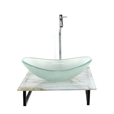 Imagem de KIT CUBA DE VIDRO OVAL 10MM JATEADA COM TAMPO DE VIDRO 40CM X 40CM MÁRMORE BRANCO DOURADO E SUPORTE TORNEIRA VALVULA