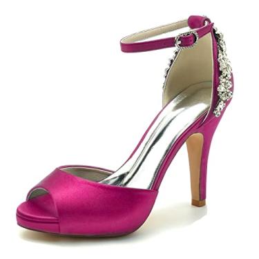 Imagem de Sapatos de noiva stiletto sapatos femininos de cetim salto alto marfim peep toe sapatos com strass 36-42,Rose,9 UK/42 EU