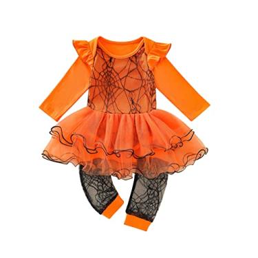 Imagem de Macacão infantil infantil de malha de Halloween para crianças pequenas conjunto de roupas mentas floral (laranja-@, 0-3 meses)