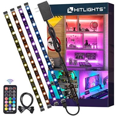 Imagem de Fitas de luz de LED HitLights 4 pré-cortadas 3 cm/120 cm, pequenas, reguláveis, mudança de cor RGB 5050, controle remoto e adaptador, certificação UL, luz de fundo de TV, quarto, prateleira de armário
