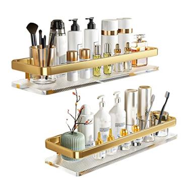 Imagem de Prateleiras de banheiro prateleira de chuveiro montada na parede sem broca prateleiras de chuveiro adesivo multifuncional espaço alumínio/acrílico para banheiro de banheiro, prata, 1 camada 50cm (cor: ouro, tamanho: 2 camadas 40cm)