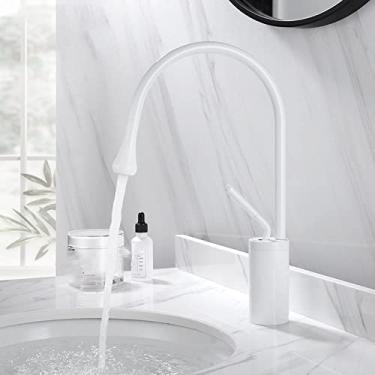 Imagem de Torneira de lavatório estilo gota de latão escovado Torneira de banheiro quente e fria torneira misturadora 360 giratória em cascata, branca curta