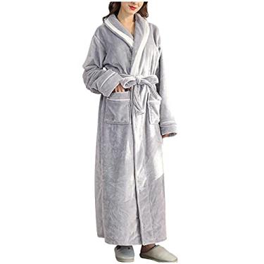 Imagem de Roupão feminino de flanela longo de lã quente de seda roupão de banho unissex roupão de banho de bolso macio roupa de dormir spa sherpa, Cinza, M