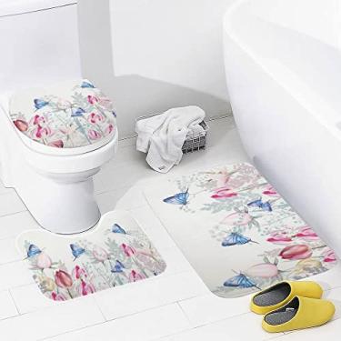 Imagem de Conjunto de 3 peças de tapetes de banheiro com flores de tulipa e crocodilo, tapete de banheiro lavável antiderrapante, tapete de contorno e tampa para banheiro