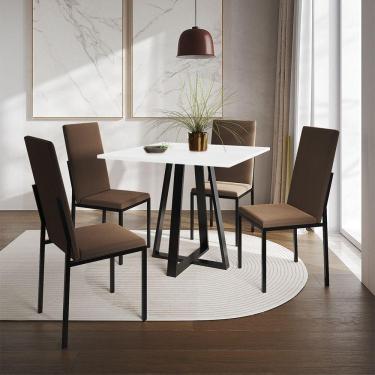 Imagem de Conjunto De Jantar Mesa Mônaco Premium 90Cm Branca Com 4 Cadeiras Estofadas Marrom - Co...